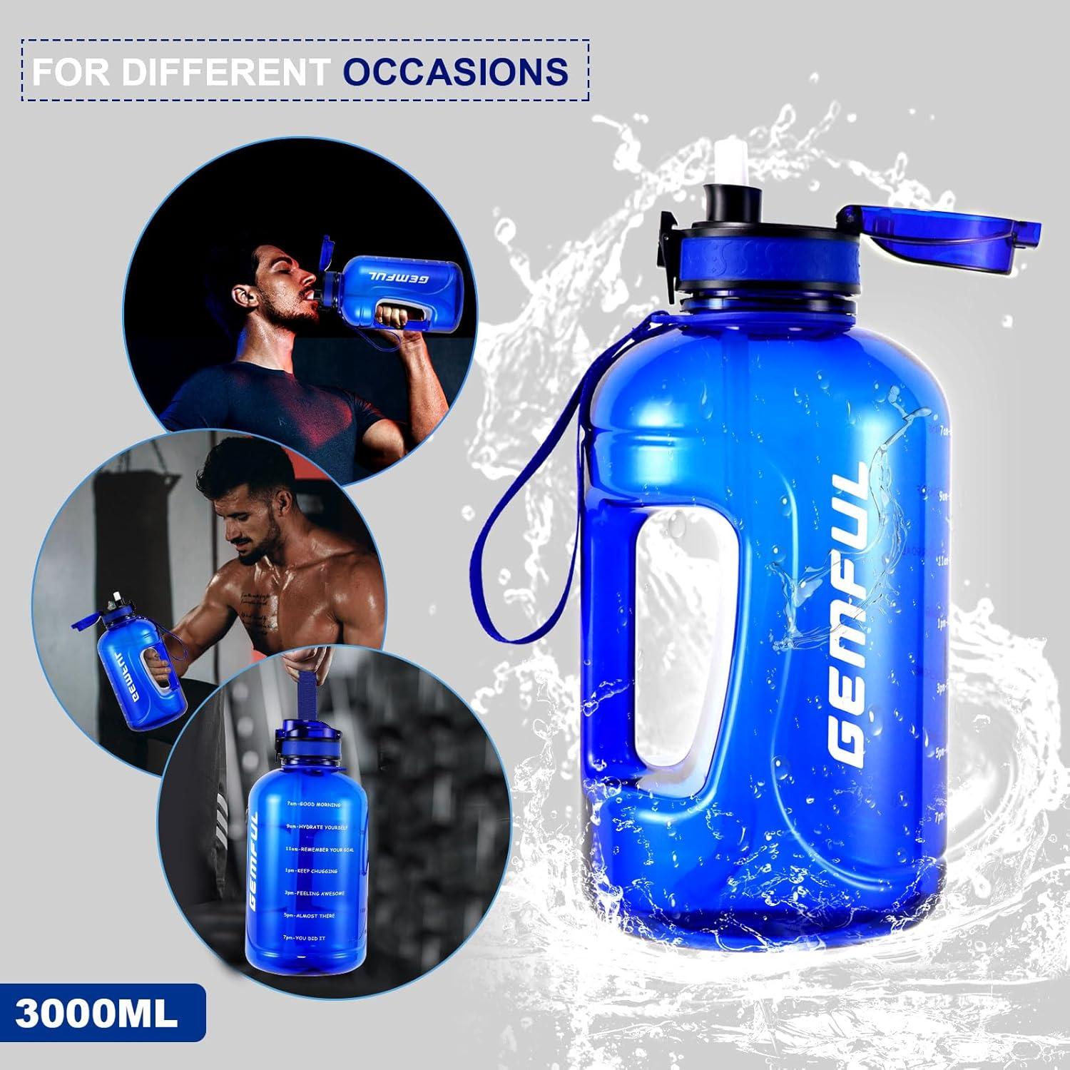 image:imageGEMFUL Bouteille deau de 3 litres avec Paille et Marquages de Temps Motivants sans BPA Grande Gourde pour le Sport Antifuite de 3 L pour Fitness Gym Camping Royal BlueRoyal Blue