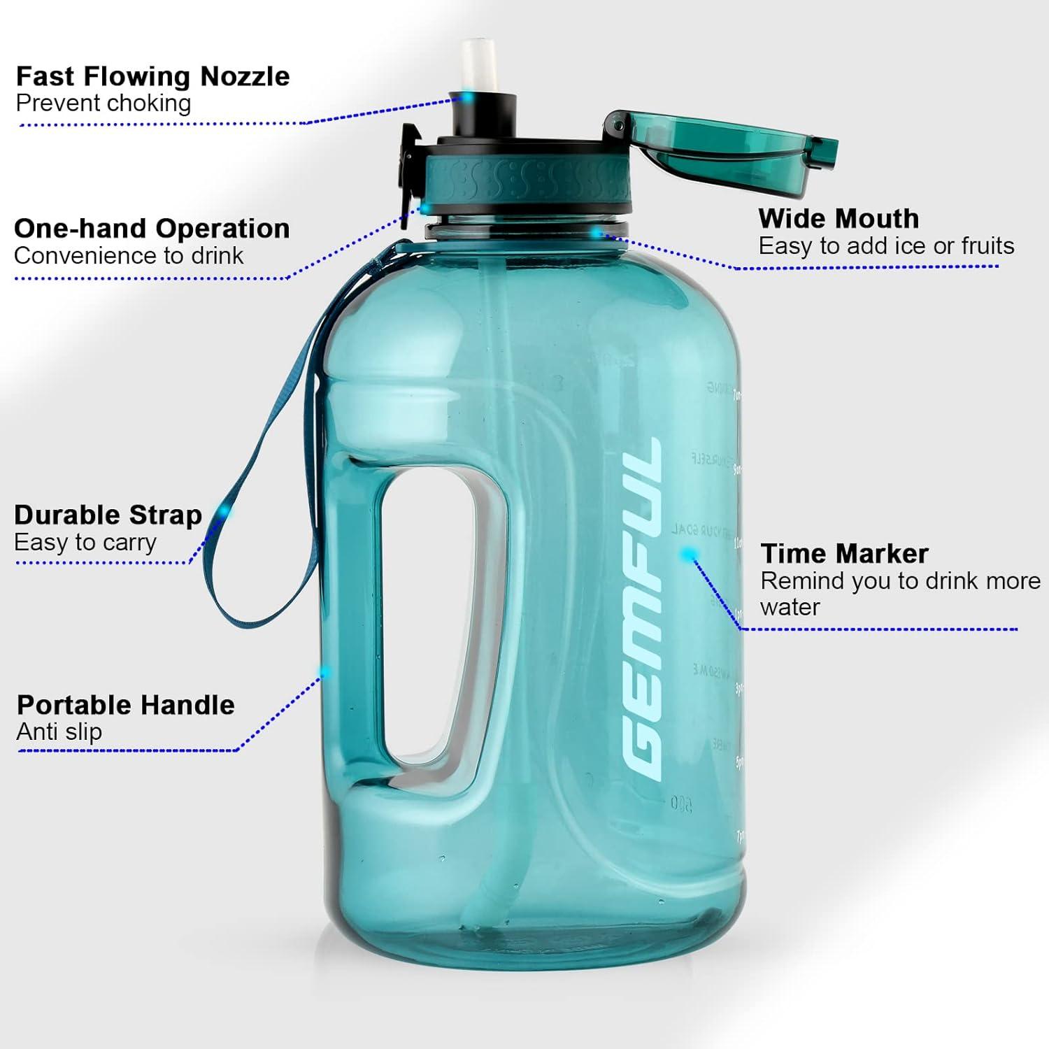 image:imageGEMFUL Bouteille deau de 3 litres avec Paille et Marquages de Temps Motivants sans BPA Grande Gourde pour le Sport Antifuite de 3 L pour Fitness Gym Camping Royal BlueCyan