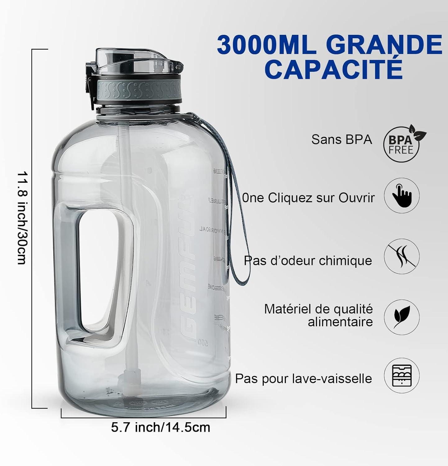 image:imageGEMFUL Bouteille deau de 3 litres avec Paille et Marquages de Temps Motivants sans BPA Grande Gourde pour le Sport Antifuite de 3 L pour Fitness Gym Camping Royal BlueGris