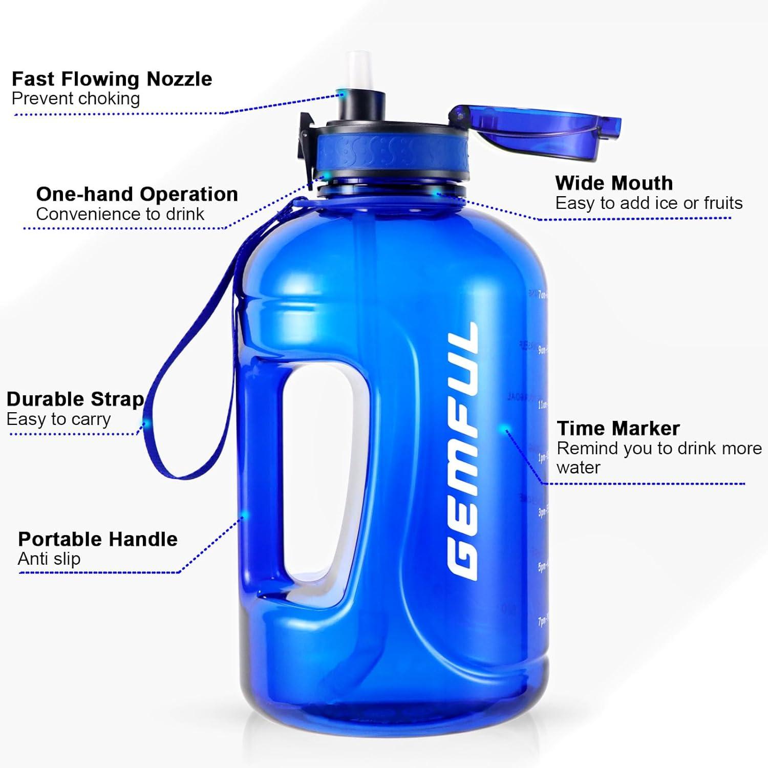image:imageGEMFUL Bouteille deau de 3 litres avec Paille et Marquages de Temps Motivants sans BPA Grande Gourde pour le Sport Antifuite de 3 L pour Fitness Gym Camping Royal BlueRoyal Blue