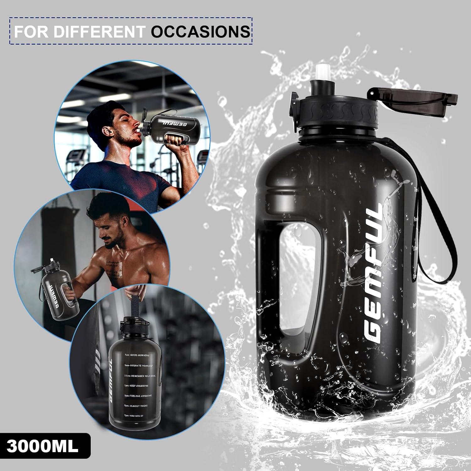 image:imageGEMFUL Bouteille deau de 3 litres avec Paille et Marquages de Temps Motivants sans BPA Grande Gourde pour le Sport Antifuite de 3 L pour Fitness Gym Camping Royal BlueNoir