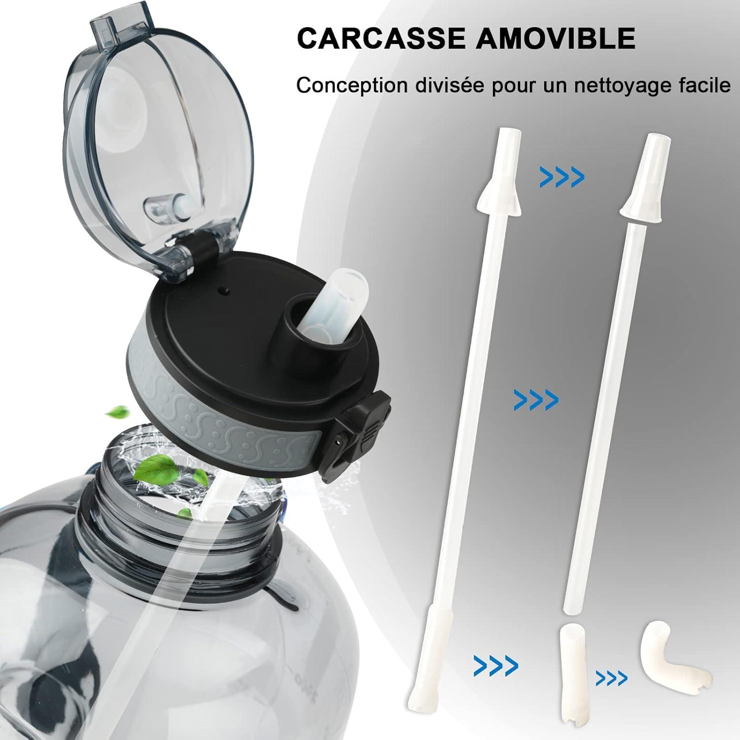 image:imageGEMFUL Bouteille deau de 3 litres avec Paille et Marquages de Temps Motivants sans BPA Grande Gourde pour le Sport Antifuite de 3 L pour Fitness Gym Camping Royal BlueGris