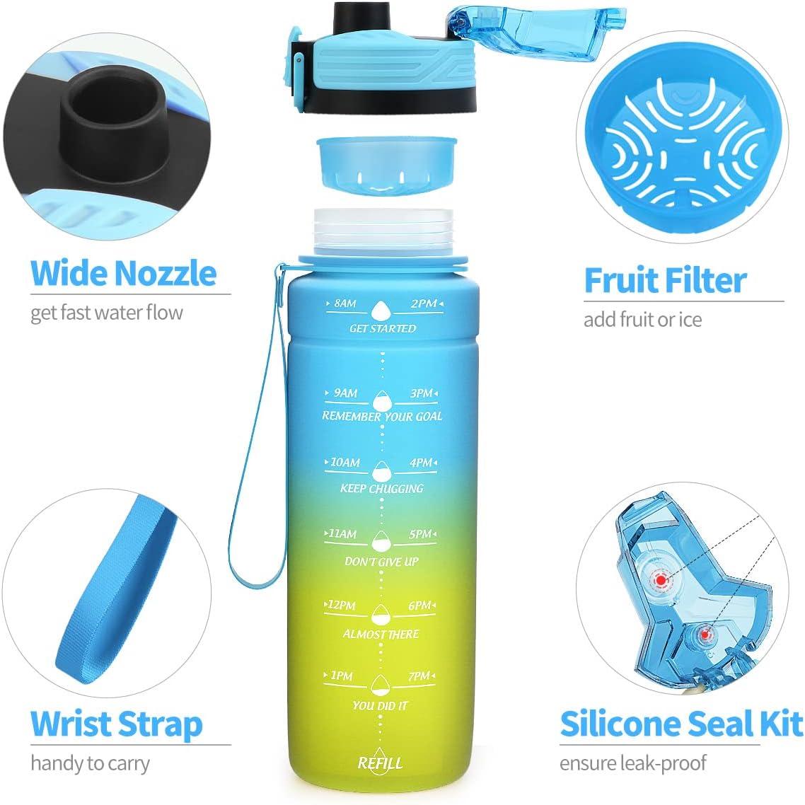 image:imageGourde 500ml700ml1l15l2l Sport Gourde Bouteille deau Reutilisable tanches sans BPA Plastique avec Marqueur de Temps pour Running Randonne CampingBleujaune