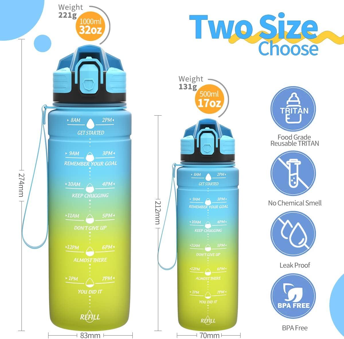 image:imageGourde 500ml700ml1l15l2l Sport Gourde Bouteille deau Reutilisable tanches sans BPA Plastique avec Marqueur de Temps pour Running Randonne CampingBleujaune