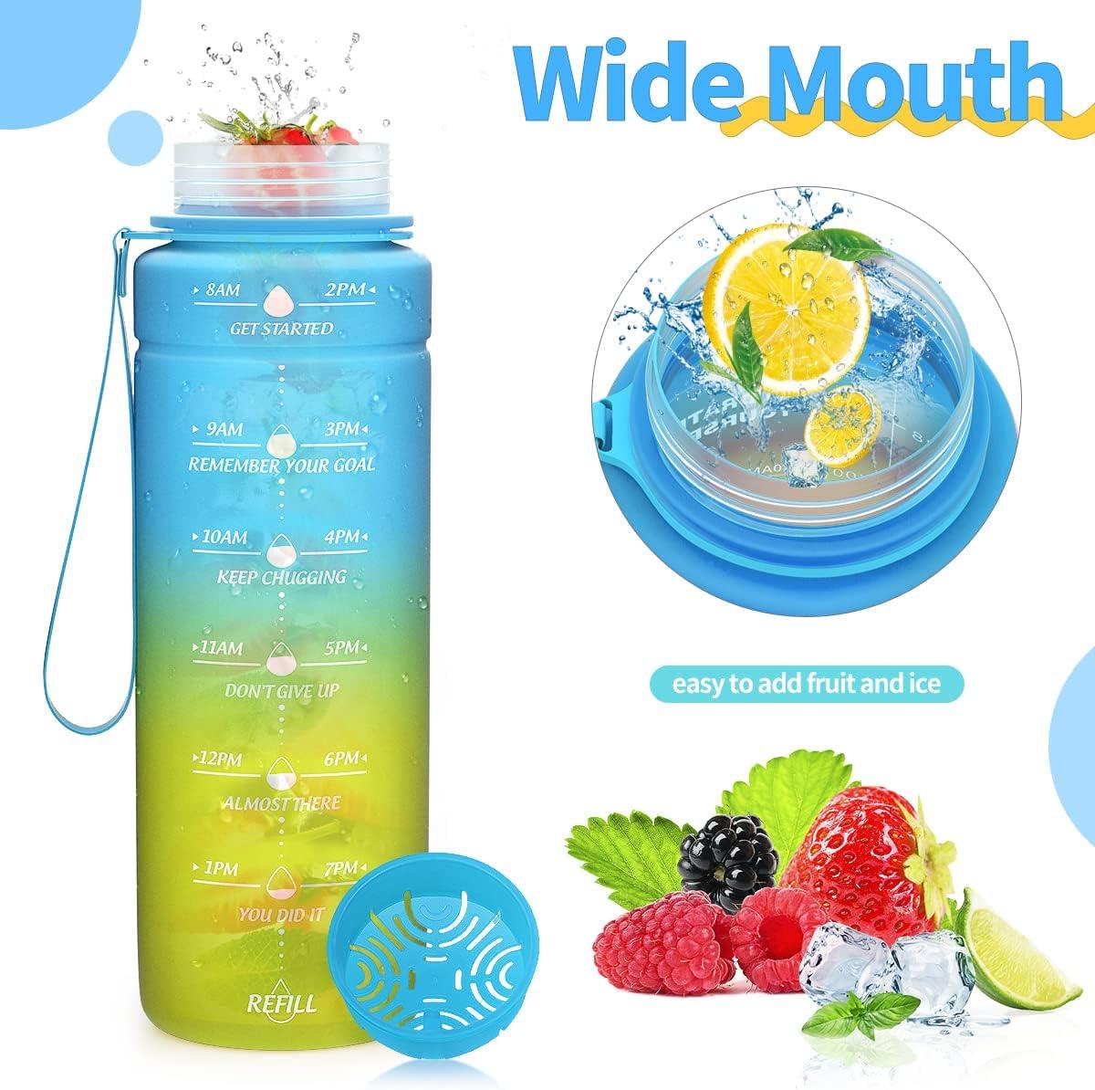 image:imageGourde 500ml700ml1l15l2l Sport Gourde Bouteille deau Reutilisable tanches sans BPA Plastique avec Marqueur de Temps pour Running Randonne CampingBleujaune
