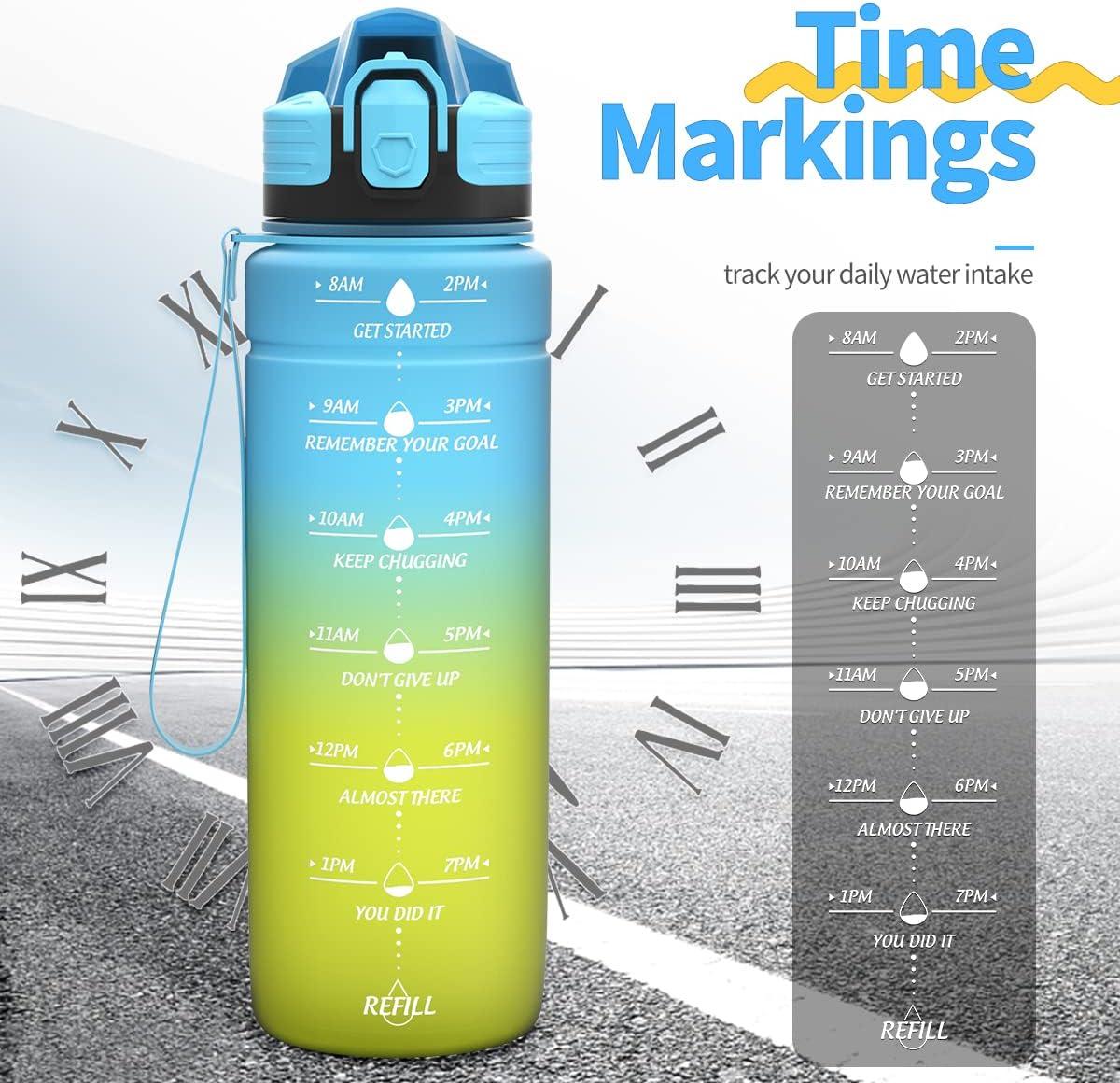 image:imageGourde 500ml700ml1l15l2l Sport Gourde Bouteille deau Reutilisable tanches sans BPA Plastique avec Marqueur de Temps pour Running Randonne CampingBleujaune