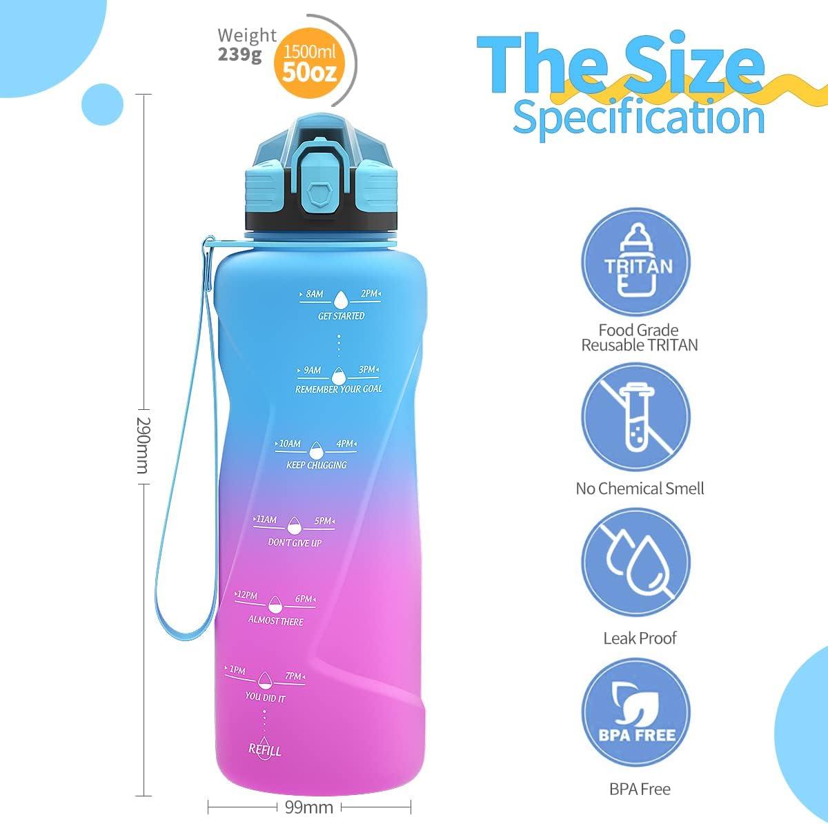 image:imageGourde 500ml700ml1l15l2l Sport Gourde Bouteille deau Reutilisable tanches sans BPA Plastique avec Marqueur de Temps pour Running Randonne CampingBleuviolet