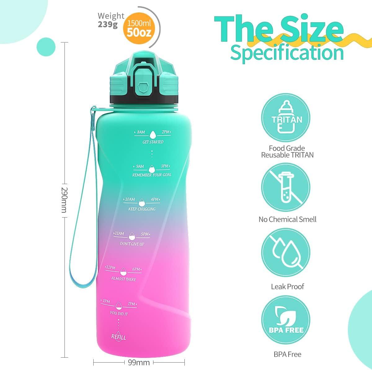 image:imageGourde 500ml700ml1l15l2l Sport Gourde Bouteille deau Reutilisable tanches sans BPA Plastique avec Marqueur de Temps pour Running Randonne CampingEmeraudeviolet