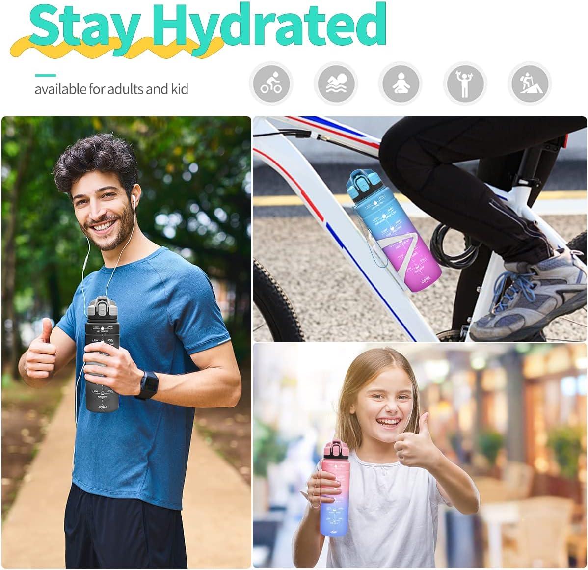image:imageGourde 500ml700ml1l15l2l Sport Gourde Bouteille deau Reutilisable tanches sans BPA Plastique avec Marqueur de Temps pour Running Randonne CampingEmeraudeviolet