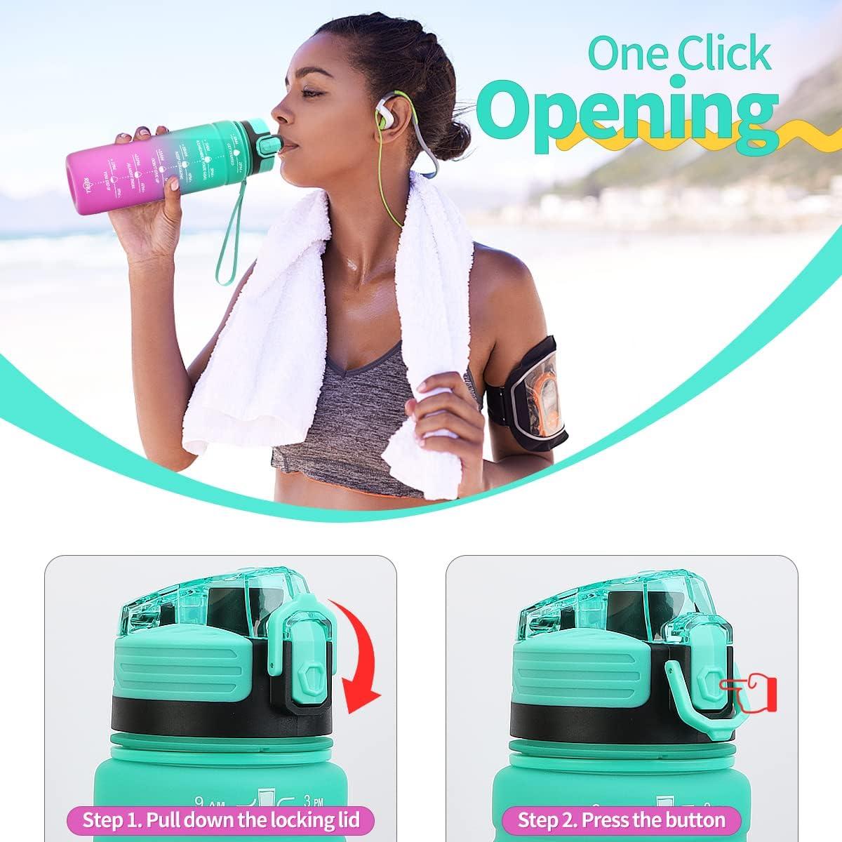 image:imageGourde 500ml700ml1l15l2l Sport Gourde Bouteille deau Reutilisable tanches sans BPA Plastique avec Marqueur de Temps pour Running Randonne CampingEmeraudeviolet