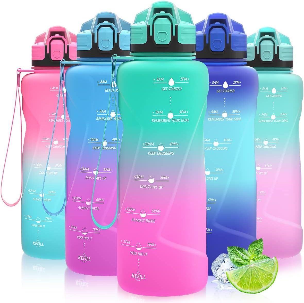 image:imageGourde 500ml700ml1l15l2l Sport Gourde Bouteille deau Reutilisable tanches sans BPA Plastique avec Marqueur de Temps pour Running Randonne CampingEmeraudeviolet
