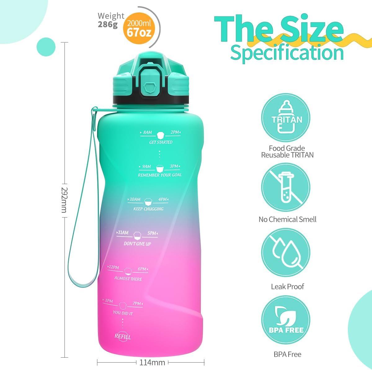 image:imageGourde 500ml700ml1l15l2l Sport Gourde Bouteille deau Reutilisable tanches sans BPA Plastique avec Marqueur de Temps pour Running Randonne CampingEmeraudeviolet