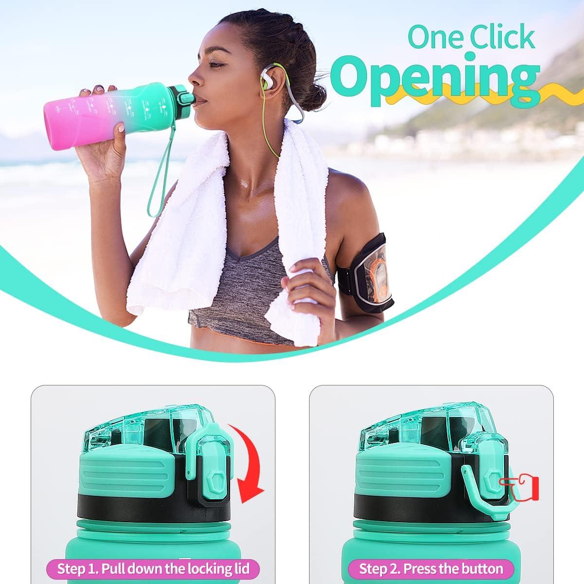 image:imageGourde 500ml700ml1l15l2l Sport Gourde Bouteille deau Reutilisable tanches sans BPA Plastique avec Marqueur de Temps pour Running Randonne CampingEmeraudeviolet