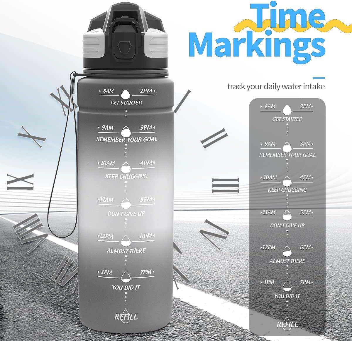 image:imageGourde 500ml700ml1l15l2l Sport Gourde Bouteille deau Reutilisable tanches sans BPA Plastique avec Marqueur de Temps pour Running Randonne CampingGrisblanc