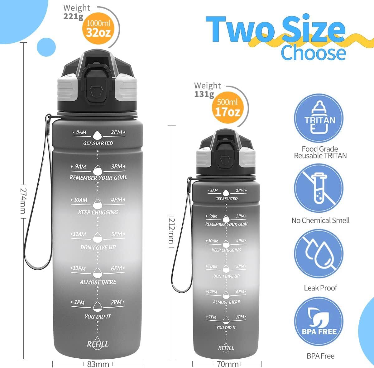 image:imageGourde 500ml700ml1l15l2l Sport Gourde Bouteille deau Reutilisable tanches sans BPA Plastique avec Marqueur de Temps pour Running Randonne CampingGrisblanc