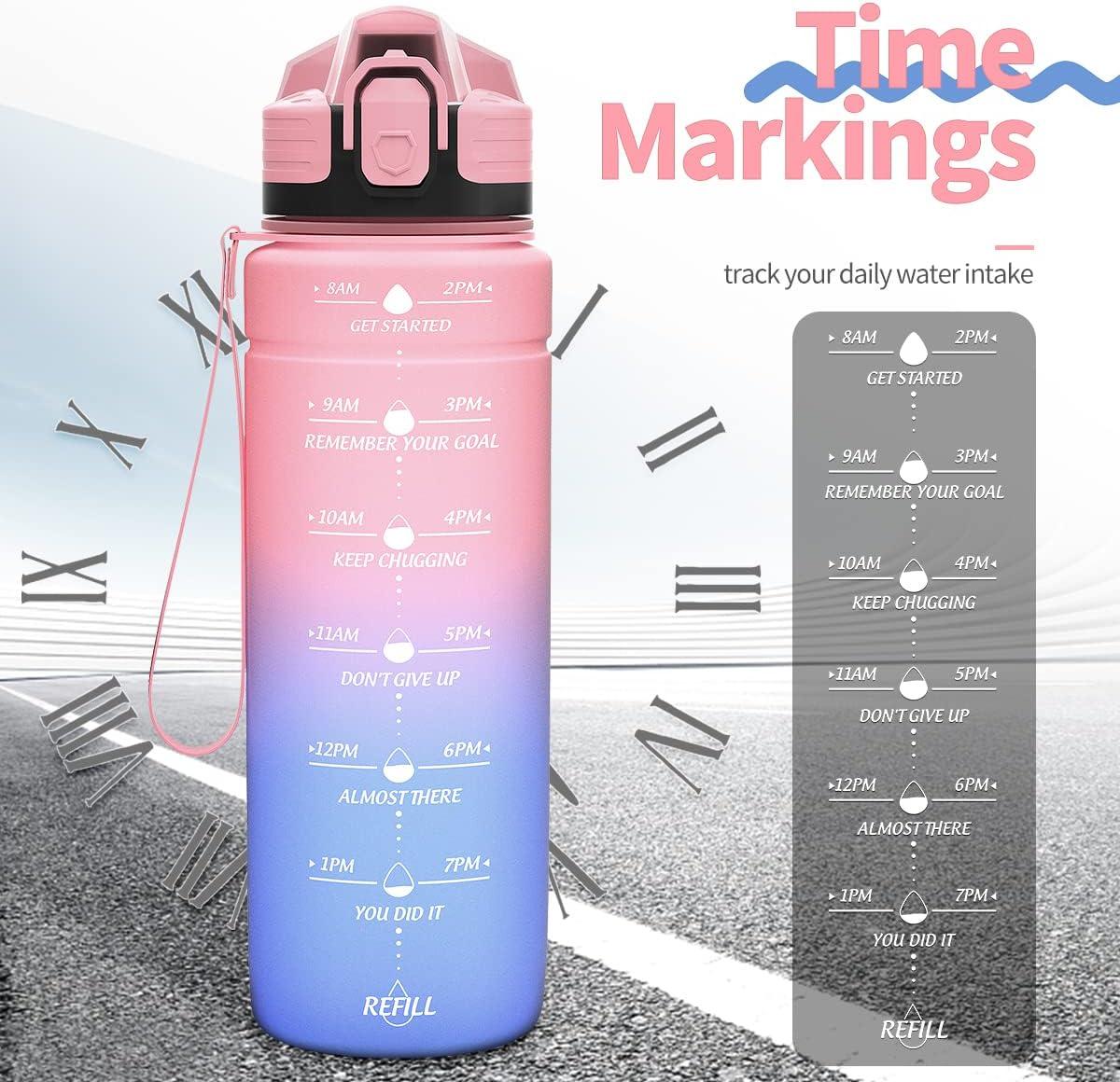 image:imageGourde 500ml700ml1l15l2l Sport Gourde Bouteille deau Reutilisable tanches sans BPA Plastique avec Marqueur de Temps pour Running Randonne CampingRose Clairbleu