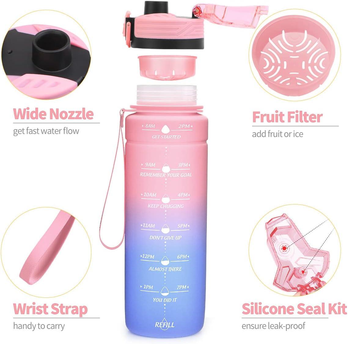 image:imageGourde 500ml700ml1l15l2l Sport Gourde Bouteille deau Reutilisable tanches sans BPA Plastique avec Marqueur de Temps pour Running Randonne CampingRose Clairbleu