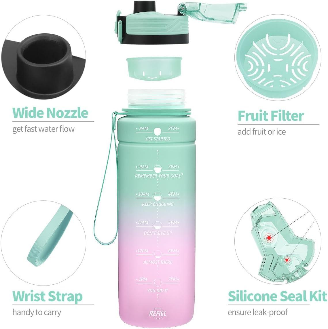 image:imageGourde 500ml700ml1l15l2l Sport Gourde Bouteille deau Reutilisable tanches sans BPA Plastique avec Marqueur de Temps pour Running Randonne CampingVert Clairviolet Clair