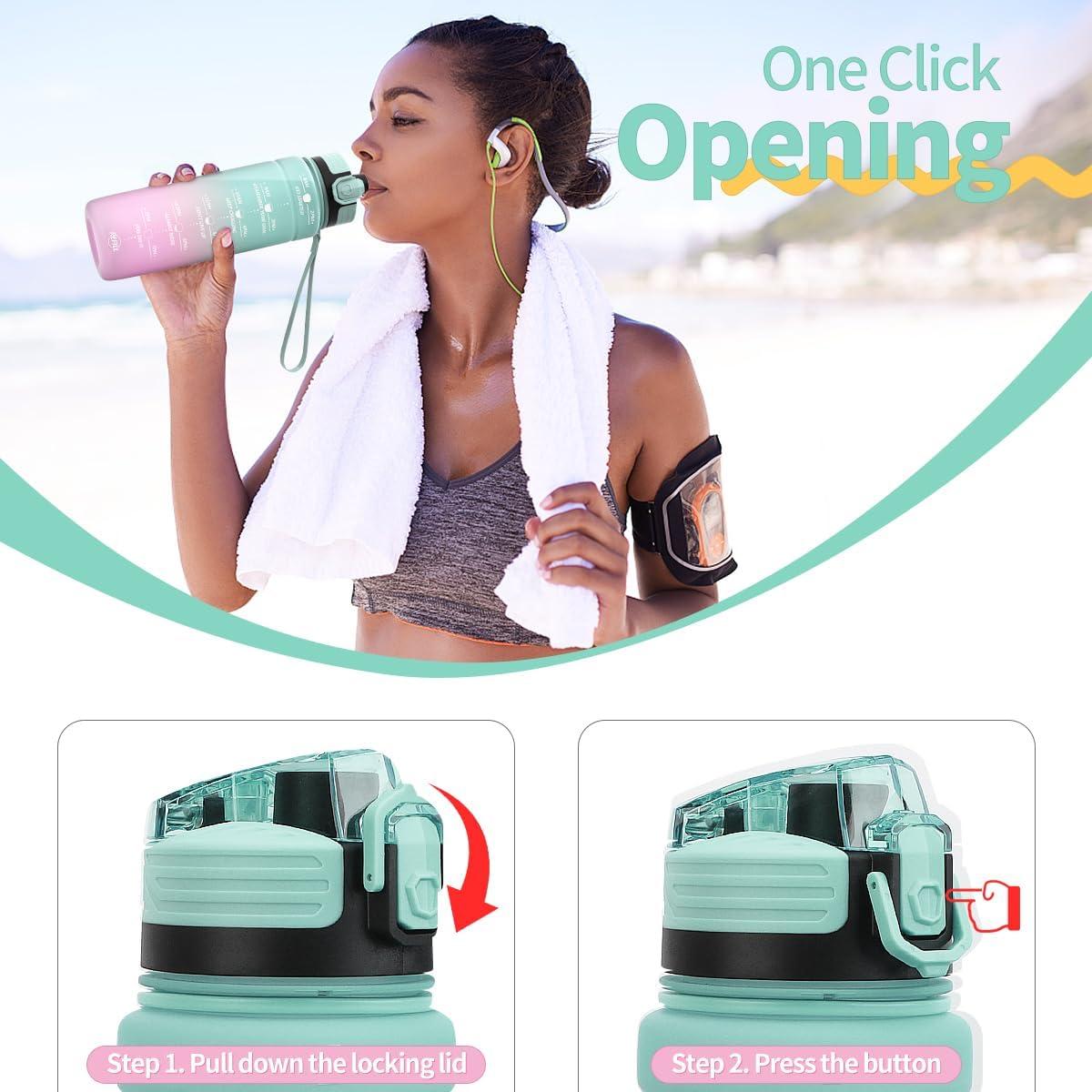 image:imageGourde 500ml700ml1l15l2l Sport Gourde Bouteille deau Reutilisable tanches sans BPA Plastique avec Marqueur de Temps pour Running Randonne CampingVert Clairviolet Clair