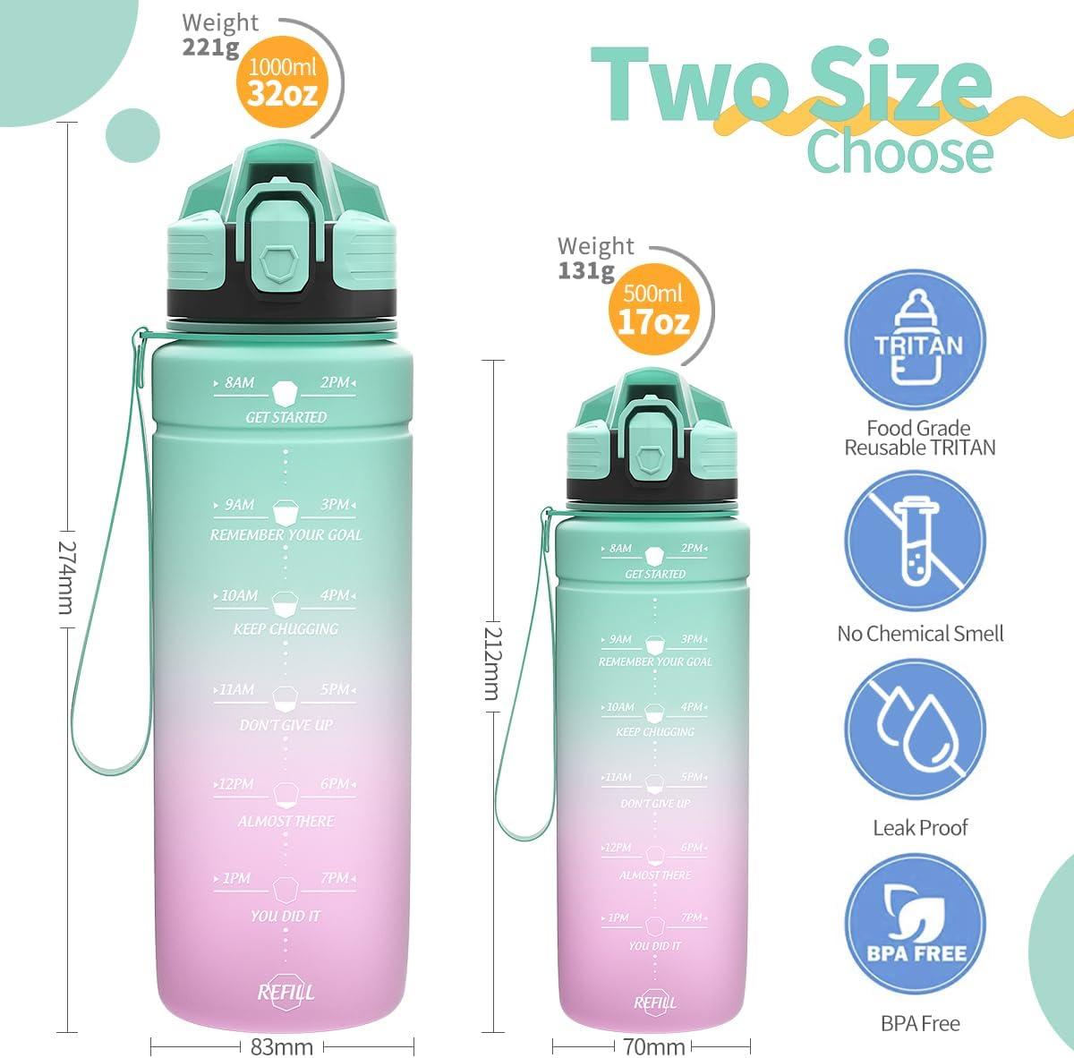 image:imageGourde 500ml700ml1l15l2l Sport Gourde Bouteille deau Reutilisable tanches sans BPA Plastique avec Marqueur de Temps pour Running Randonne CampingVert Clairviolet Clair