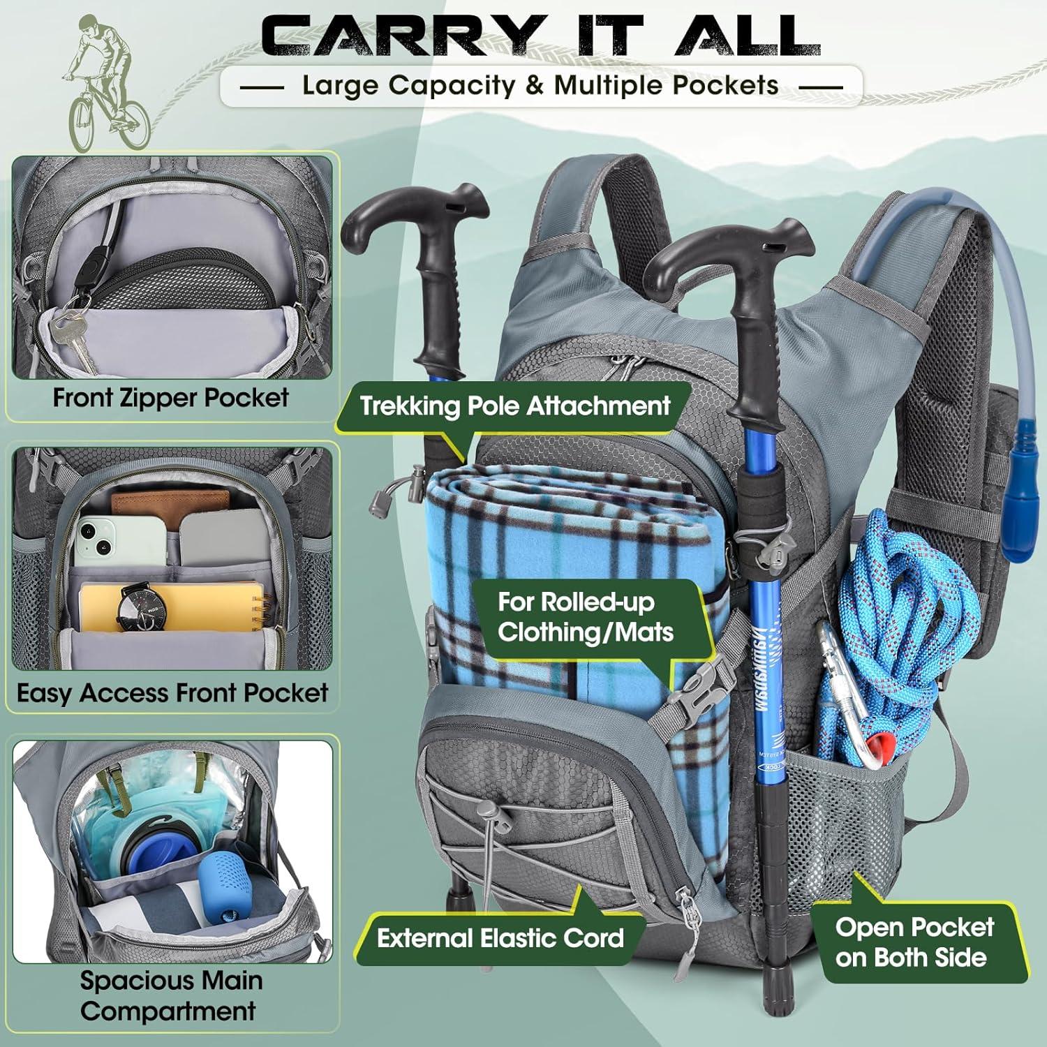image:imageRAINSMORE Sac Dos Dhydratation avec Vessie deau de 2L Sac Dos Randonne Moto Sport 18L Homme Femme Lger Isol avec Housse de Pluie pour Course Pied Cyclisme lescalade Trail RunningGris18L