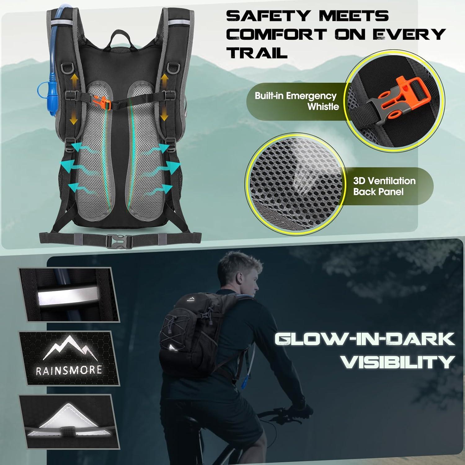 image:imageRAINSMORE Sac Dos Dhydratation avec Vessie deau de 2L Sac Dos Randonne Moto Sport 18L Homme Femme Lger Isol avec Housse de Pluie pour Course Pied Cyclisme lescalade Trail RunningNoir18L