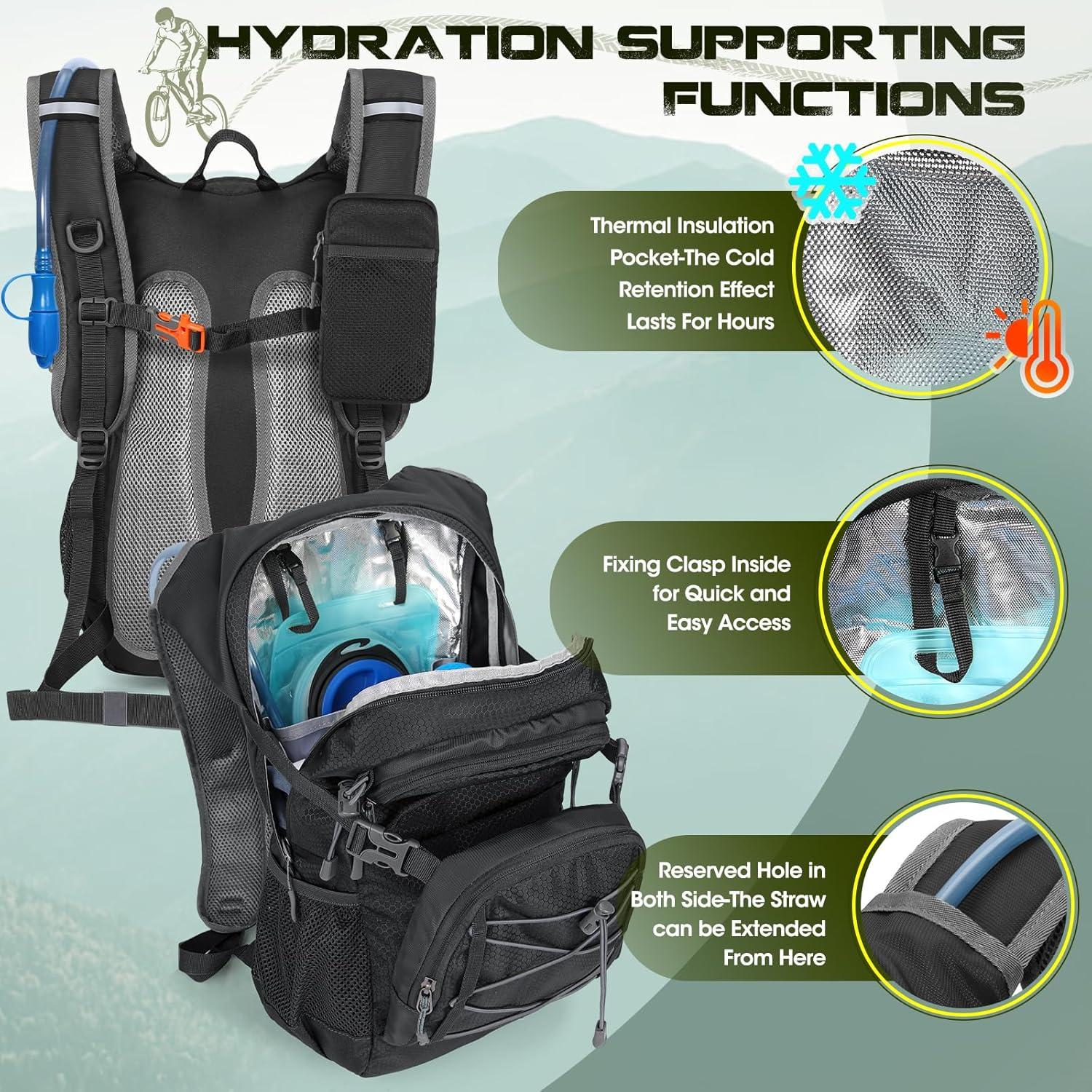 image:imageRAINSMORE Sac Dos Dhydratation avec Vessie deau de 2L Sac Dos Randonne Moto Sport 18L Homme Femme Lger Isol avec Housse de Pluie pour Course Pied Cyclisme lescalade Trail RunningNoir18L