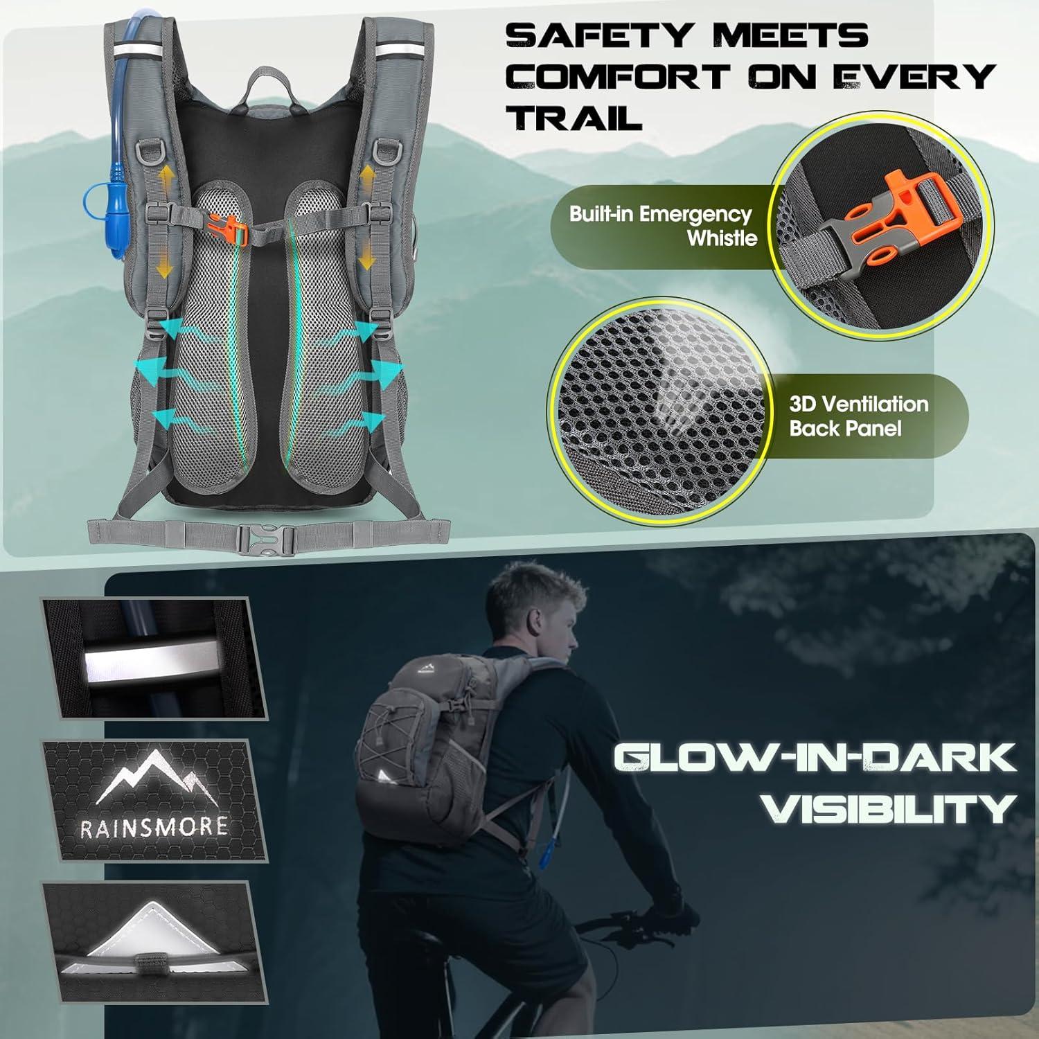 image:imageRAINSMORE Sac Dos Dhydratation avec Vessie deau de 2L Sac Dos Randonne Moto Sport 18L Homme Femme Lger Isol avec Housse de Pluie pour Course Pied Cyclisme lescalade Trail RunningGris18L