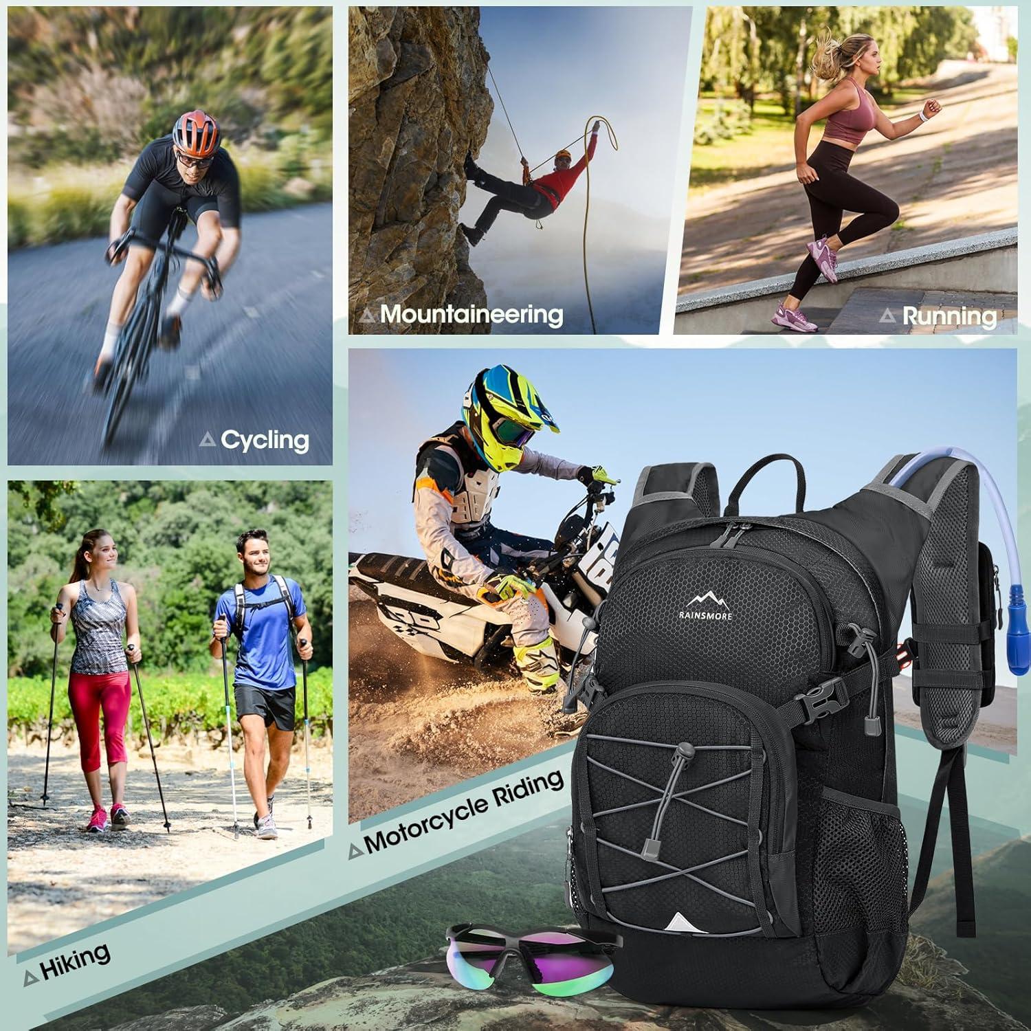 image:imageRAINSMORE Sac Dos Dhydratation avec Vessie deau de 2L Sac Dos Randonne Moto Sport 18L Homme Femme Lger Isol avec Housse de Pluie pour Course Pied Cyclisme lescalade Trail RunningNoir18L