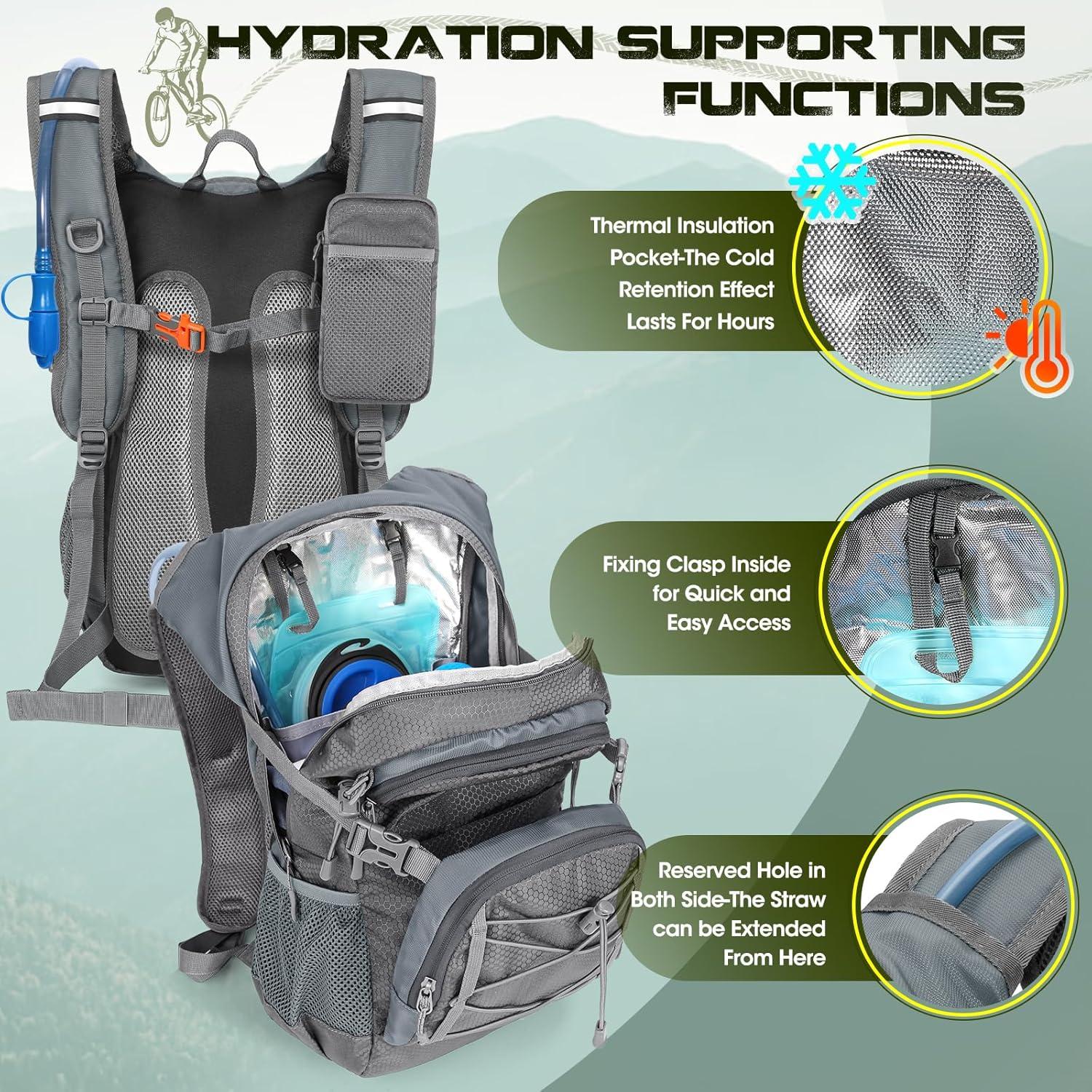 image:imageRAINSMORE Sac Dos Dhydratation avec Vessie deau de 2L Sac Dos Randonne Moto Sport 18L Homme Femme Lger Isol avec Housse de Pluie pour Course Pied Cyclisme lescalade Trail RunningGris18L
