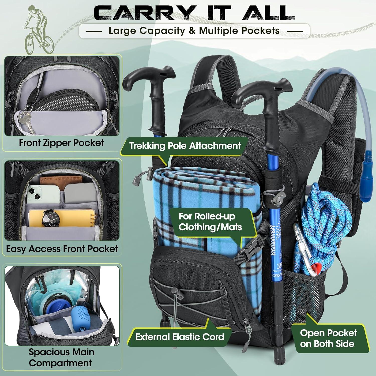 image:imageRAINSMORE Sac Dos Dhydratation avec Vessie deau de 2L Sac Dos Randonne Moto Sport 18L Homme Femme Lger Isol avec Housse de Pluie pour Course Pied Cyclisme lescalade Trail RunningNoir18L
