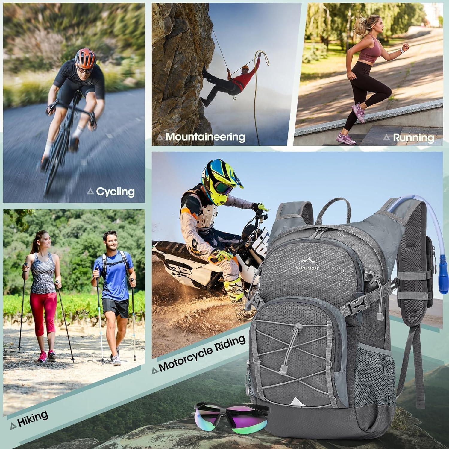 image:imageRAINSMORE Sac Dos Dhydratation avec Vessie deau de 2L Sac Dos Randonne Moto Sport 18L Homme Femme Lger Isol avec Housse de Pluie pour Course Pied Cyclisme lescalade Trail RunningGris18L