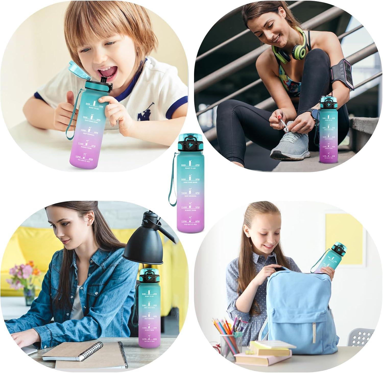 image:imageVikastar Gourde Sport 500ml1000ml1500ml tanche ampamp Rutilisable Gourde Enfant Motivation avec Filtre Gourde Bouteille Bouteille deau pour Gym Enfant cole Bureau YogaVertRose