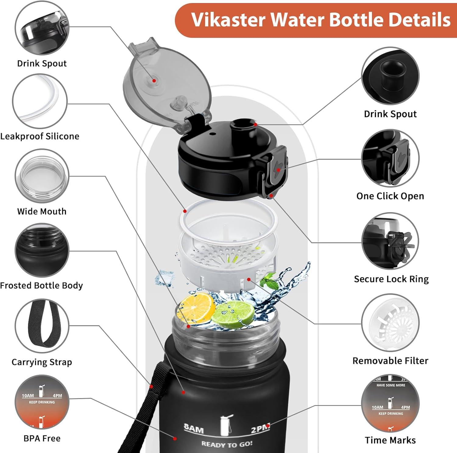 image:imageVikastar Gourde Sport 500ml1000ml1500ml tanche ampamp Rutilisable Gourde Enfant Motivation avec Filtre Gourde Bouteille Bouteille deau pour Gym Enfant cole Bureau YogaNoirRouge