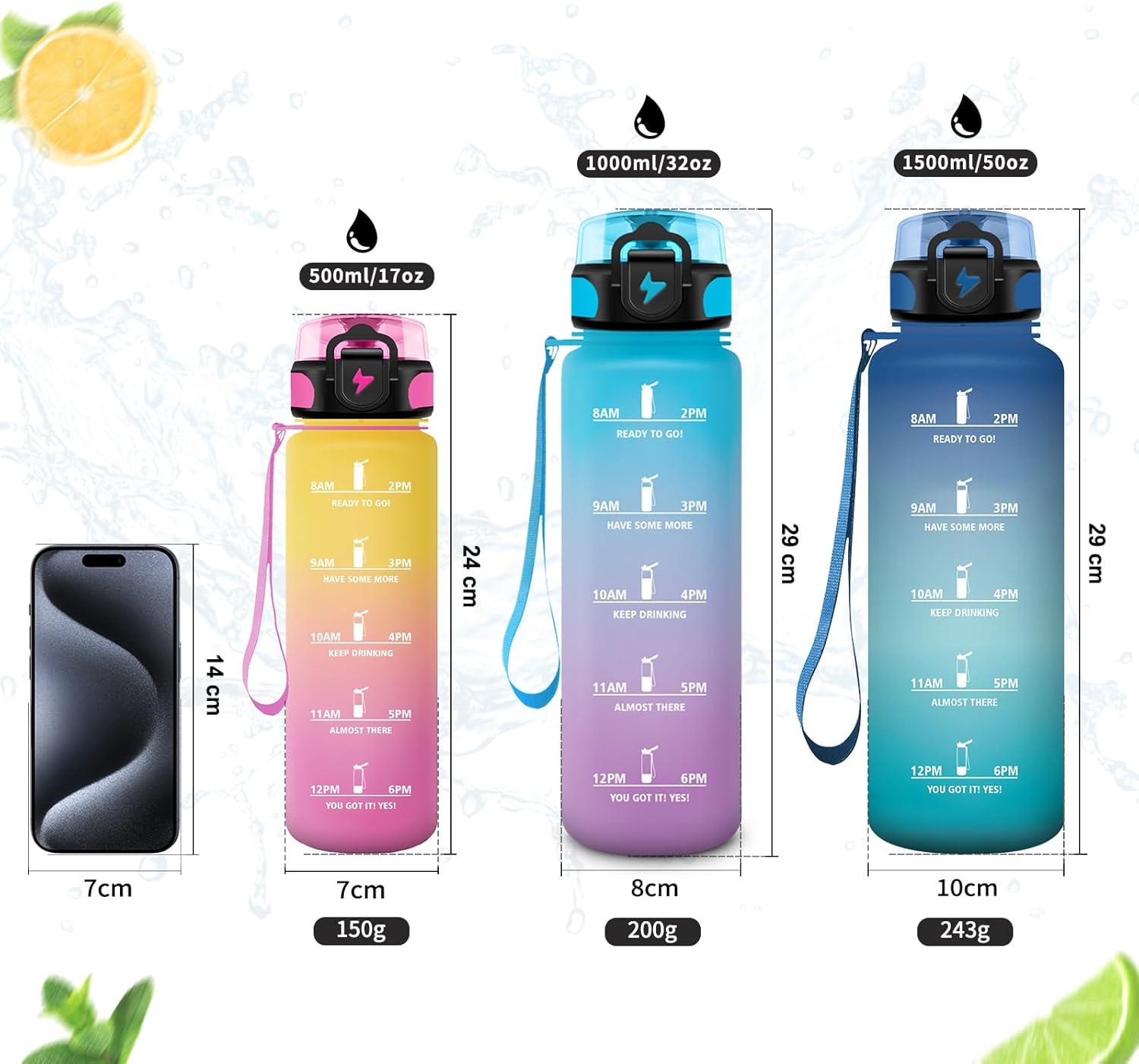 image:imageVikastar Gourde Sport 500ml1000ml1500ml tanche ampamp Rutilisable Gourde Enfant Motivation avec Filtre Gourde Bouteille Bouteille deau pour Gym Enfant cole Bureau YogaBleu Vert