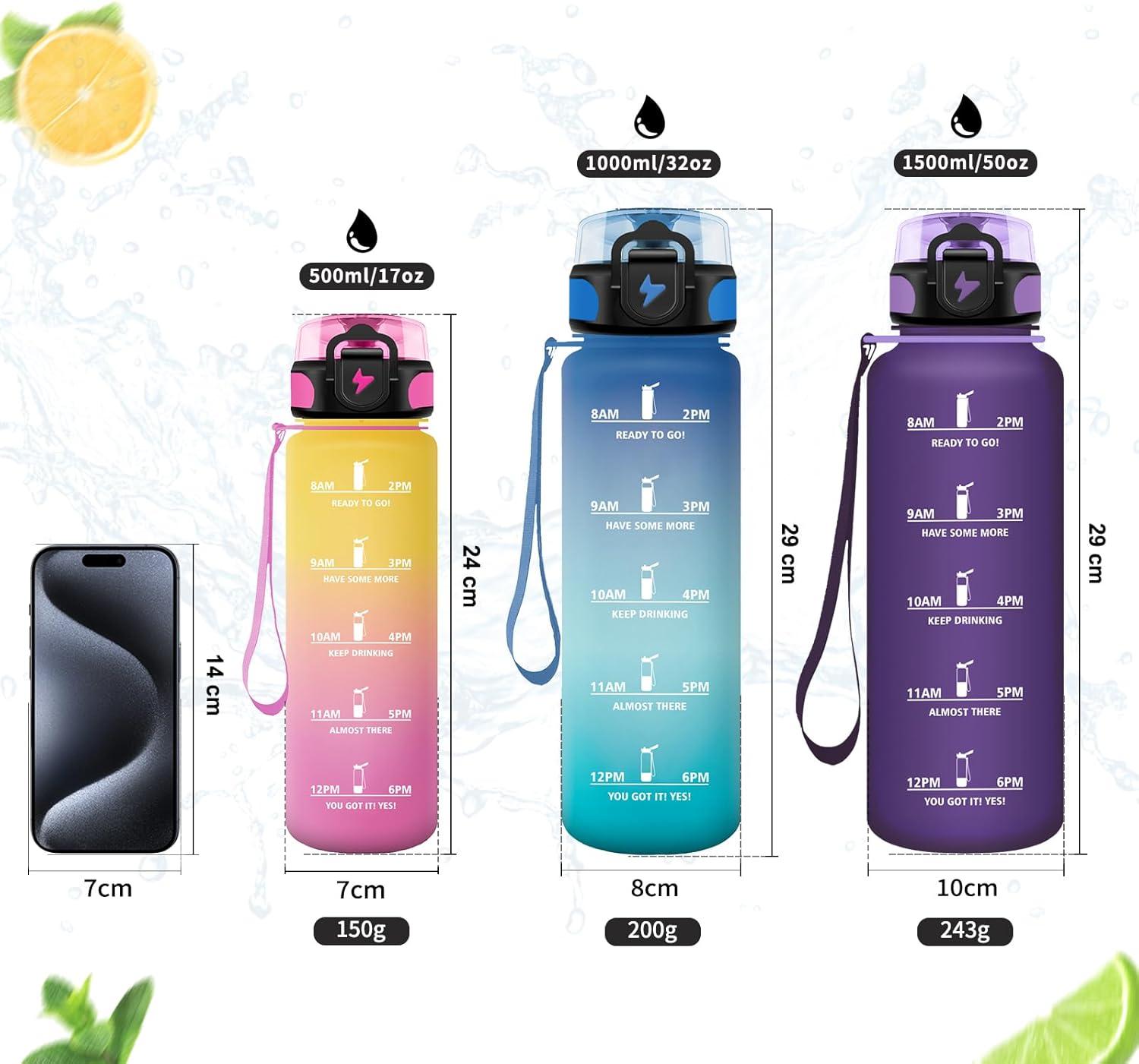 image:imageVikastar Gourde Sport 500ml1000ml1500ml tanche ampamp Rutilisable Gourde Enfant Motivation avec Filtre Gourde Bouteille Bouteille deau pour Gym Enfant cole Bureau YogaBleuVert