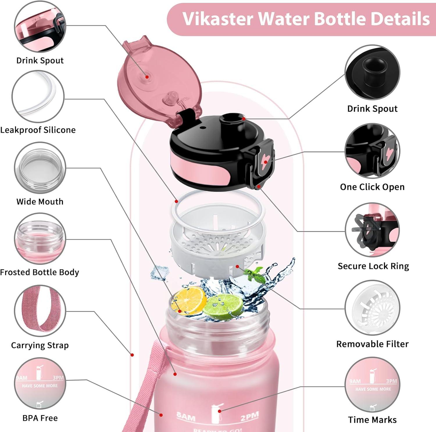 image:imageVikastar Gourde Sport 500ml1000ml1500ml tanche ampamp Rutilisable Gourde Enfant Motivation avec Filtre Gourde Bouteille Bouteille deau pour Gym Enfant cole Bureau YogaRoseBleu