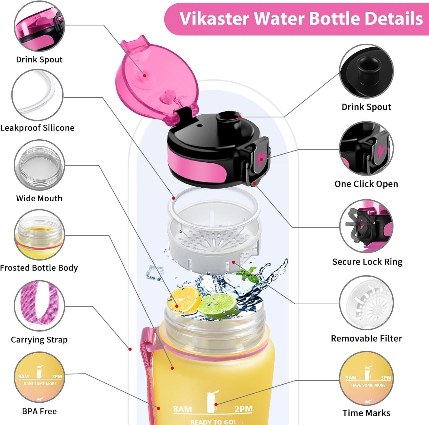 image:imageVikastar Gourde Sport 500ml1000ml1500ml tanche ampamp Rutilisable Gourde Enfant Motivation avec Filtre Gourde Bouteille Bouteille deau pour Gym Enfant cole Bureau YogaJauneRose
