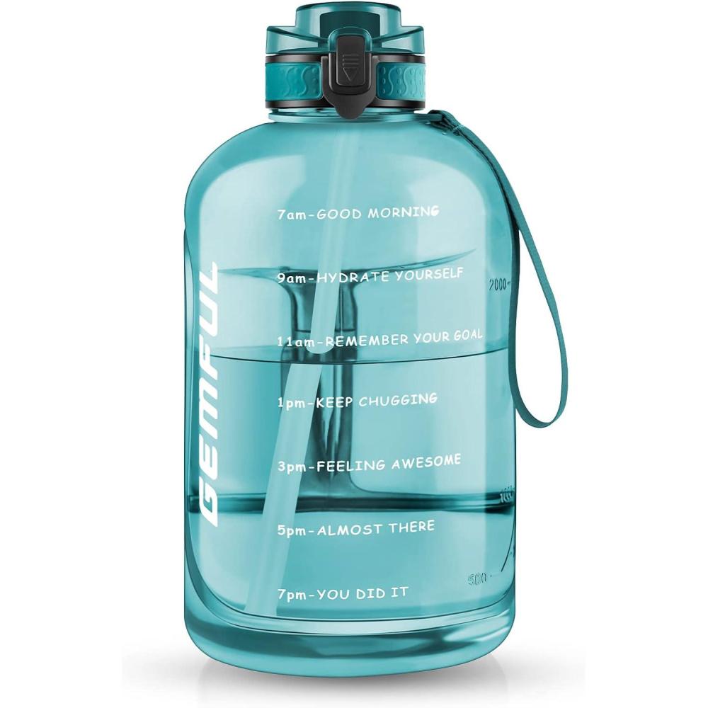 image:imageGEMFUL Bouteille deau de 3 litres avec Paille et Marquages de Temps Motivants sans BPA Grande Gourde pour le Sport Antifuite de 3 L pour Fitness Gym Camping Royal BlueCyan