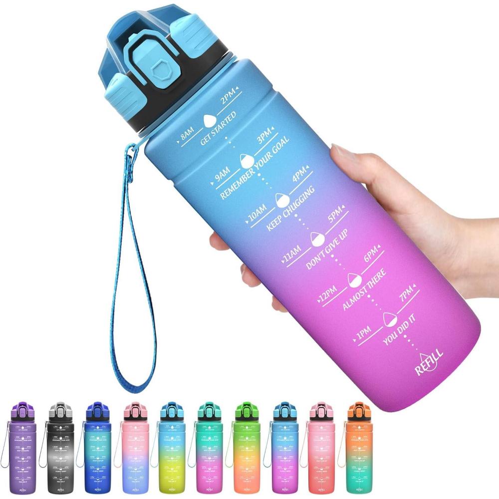 image:imageGourde 500ml700ml1l15l2l Sport Gourde Bouteille deau Reutilisable tanches sans BPA Plastique avec Marqueur de Temps pour Running Randonne CampingBleuviolet