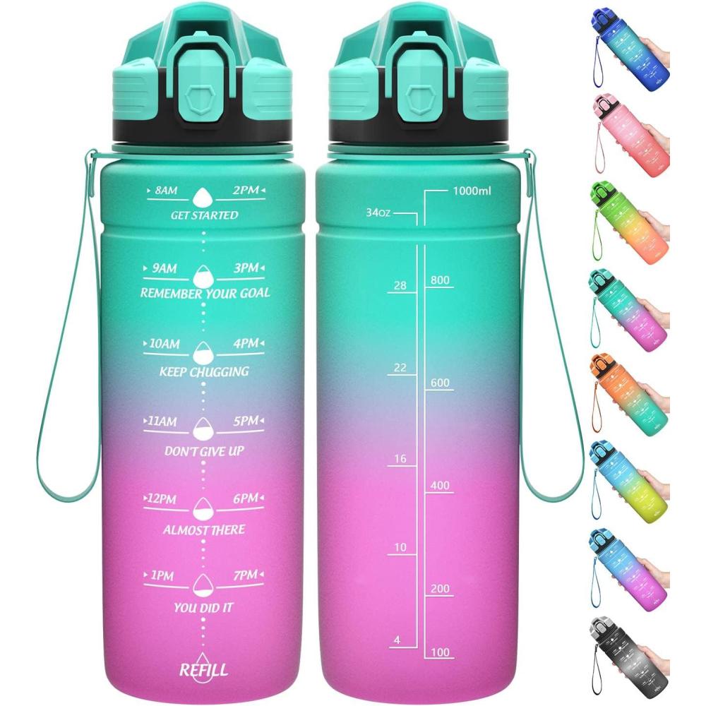 image:imageGourde 500ml700ml1l15l2l Sport Gourde Bouteille deau Reutilisable tanches sans BPA Plastique avec Marqueur de Temps pour Running Randonne CampingEmeraudeviolet