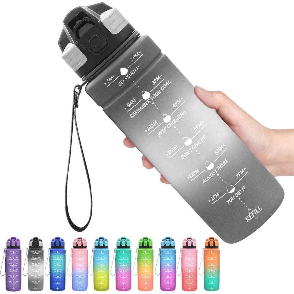 image:imageGourde 500ml700ml1l15l2l Sport Gourde Bouteille deau Reutilisable tanches sans BPA Plastique avec Marqueur de Temps pour Running Randonne CampingGrisblanc