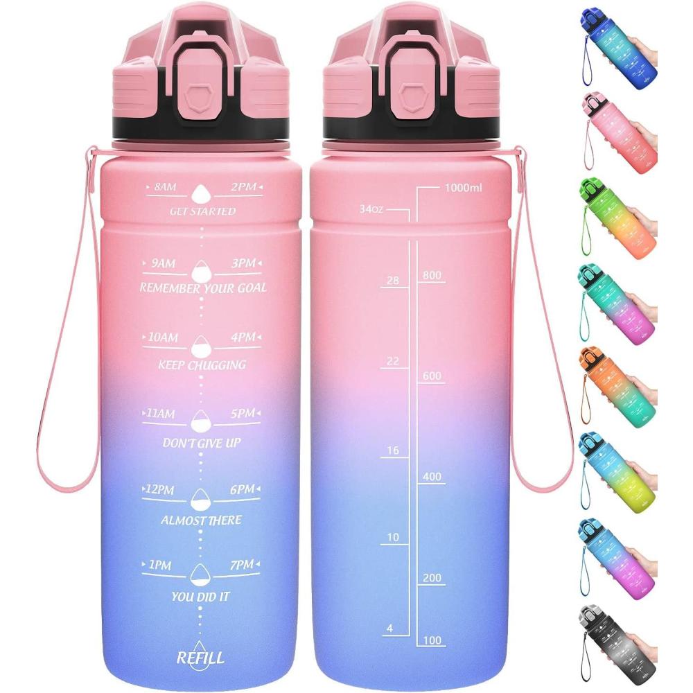 image:imageGourde 500ml700ml1l15l2l Sport Gourde Bouteille deau Reutilisable tanches sans BPA Plastique avec Marqueur de Temps pour Running Randonne CampingRose Clairbleu