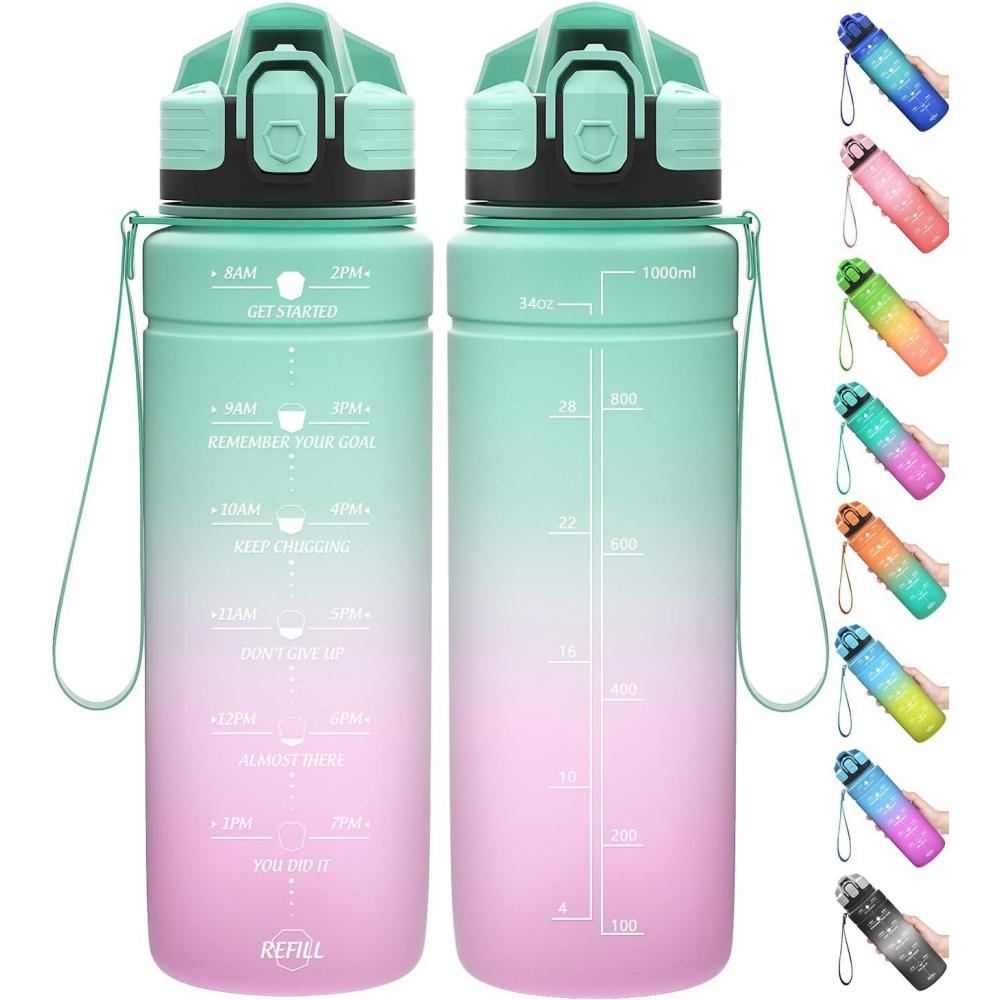 image:imageGourde 500ml700ml1l15l2l Sport Gourde Bouteille deau Reutilisable tanches sans BPA Plastique avec Marqueur de Temps pour Running Randonne CampingVert Clairviolet Clair