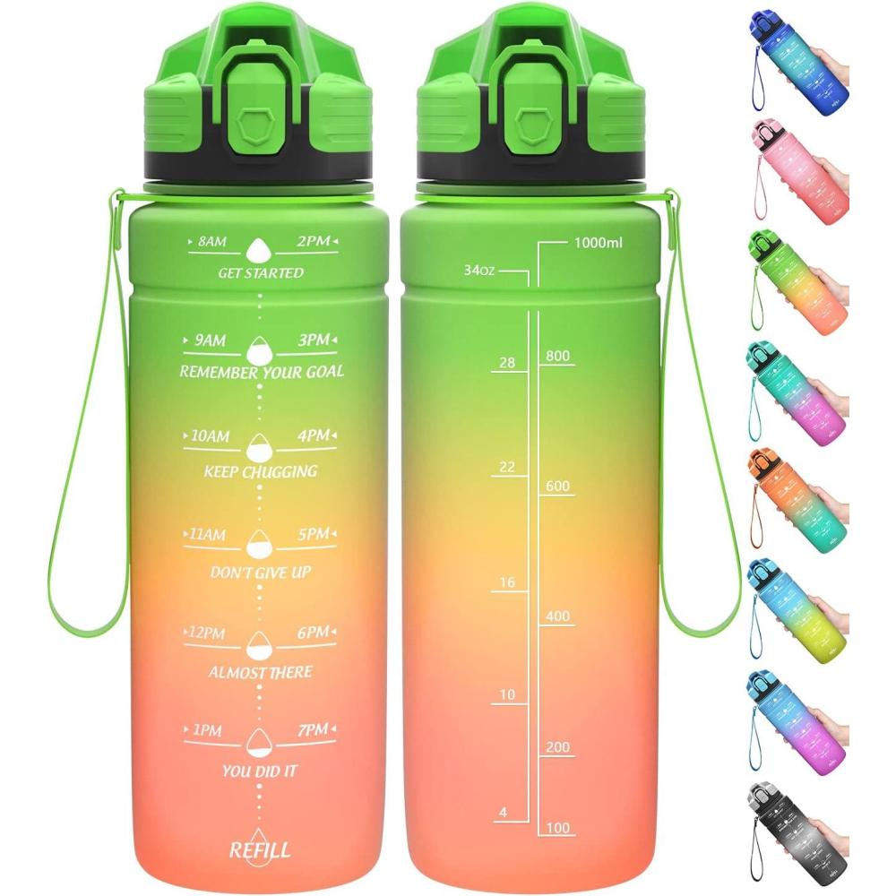 image:imageGourde 500ml700ml1l15l2l Sport Gourde Bouteille deau Reutilisable tanches sans BPA Plastique avec Marqueur de Temps pour Running Randonne CampingVertorangerose