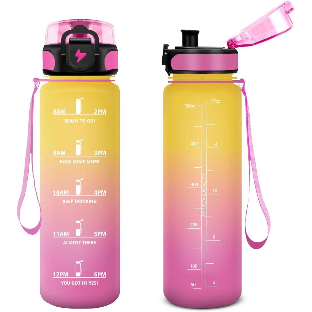 image:imageVikastar Gourde Sport 500ml1000ml1500ml tanche ampamp Rutilisable Gourde Enfant Motivation avec Filtre Gourde Bouteille Bouteille deau pour Gym Enfant cole Bureau YogaJauneRose