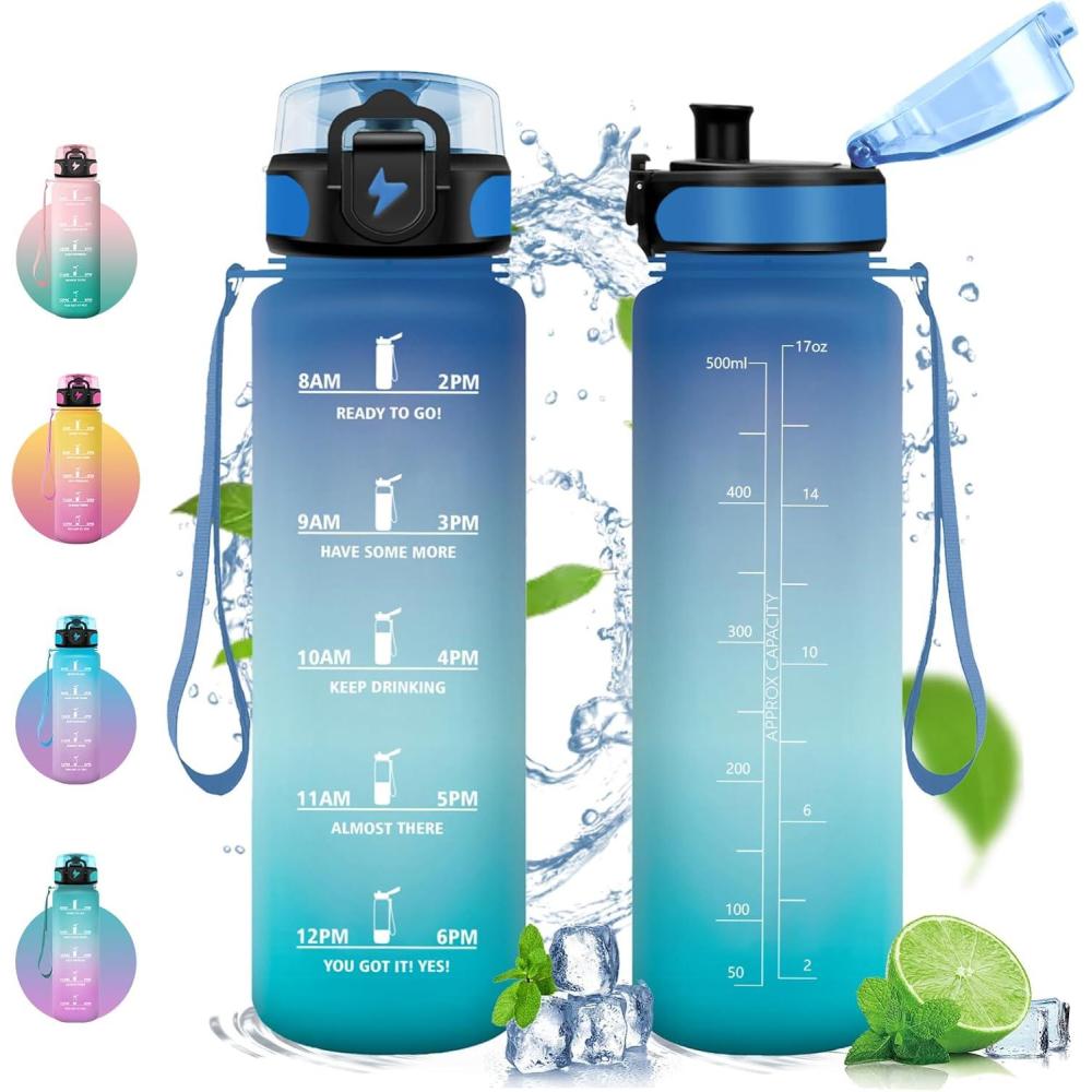 image:imageVikastar Gourde Sport 500ml1000ml1500ml tanche ampamp Rutilisable Gourde Enfant Motivation avec Filtre Gourde Bouteille Bouteille deau pour Gym Enfant cole Bureau YogaBleuVert