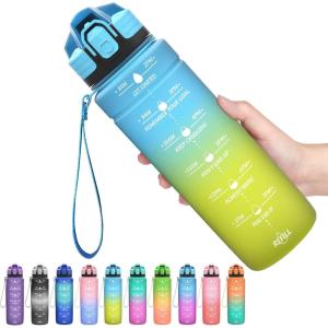 Gourde, 500ml/700ml/1l/1,5l/2l, Sport Gourde, Bouteille d&rsquo;eau Reutilisable Étanches sans BPA Plastique avec Marqueur de Temps pour Running, Randonnée, Camping(Bleu-jaune)