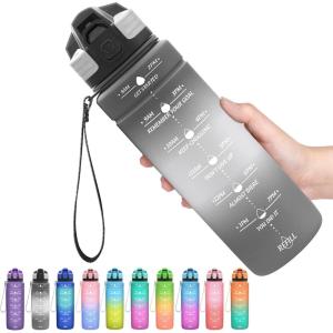 Gourde, 500ml/700ml/1l/1,5l/2l, Sport Gourde, Bouteille d&rsquo;eau Reutilisable Étanches sans BPA Plastique avec Marqueur de Temps pour Running, Randonnée, Camping(Gris-blanc)
