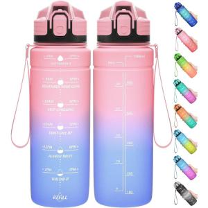Gourde, 500ml/700ml/1l/1,5l/2l, Sport Gourde, Bouteille d&rsquo;eau Reutilisable Étanches sans BPA Plastique avec Marqueur de Temps pour Running, Randonnée, Camping(Rose Clair-bleu)